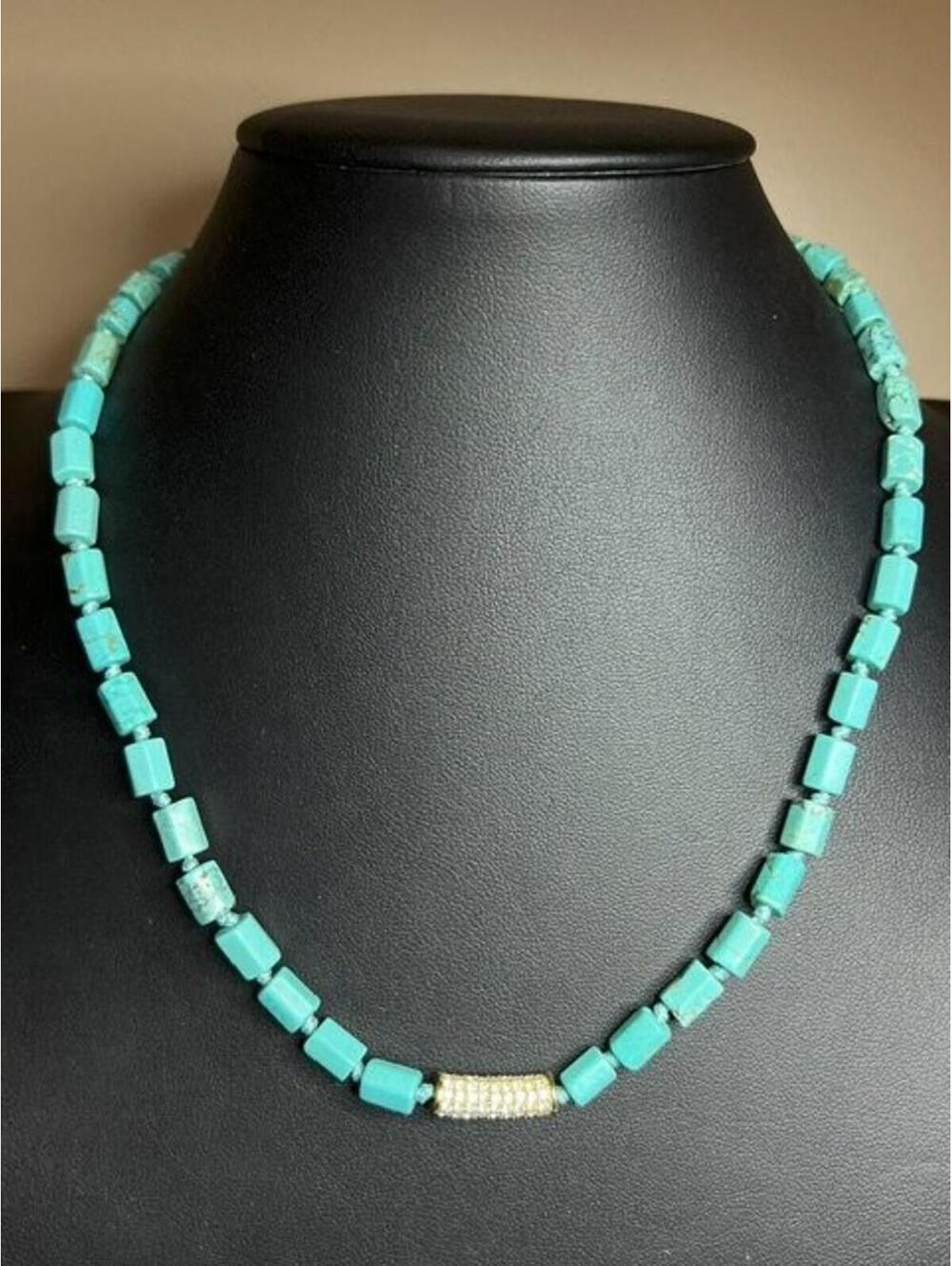 B4618 Michael Kors Turquoise Beaded Necklace Gold Tone Rhinestone Barrel 18"